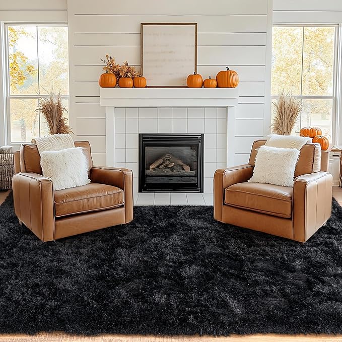 8x10 Rug for Living Room, Fuzzy Plush Large Area Rug, Fluffy Modern Shag Non Slip Soft Furry Carpet for Bedroom Kids Room Nursery Teens Dorm Home Decor, Black