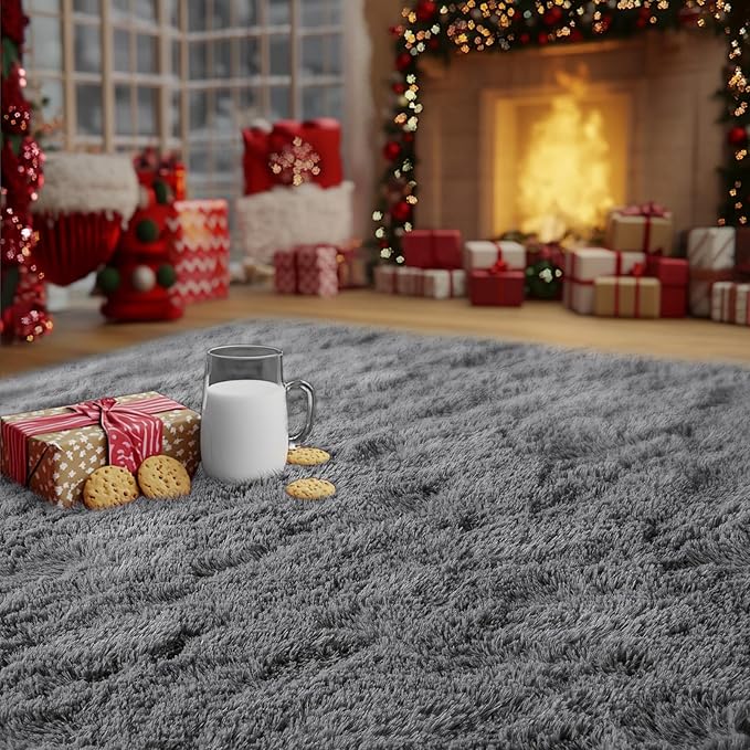 Dark Gray Fluffy Rug Plush Carpet for Bedroom Dorm, Non-Slip High Pile Rug, Shag Rug for Playroom Nursery Home Office Decor 9X12 Ft