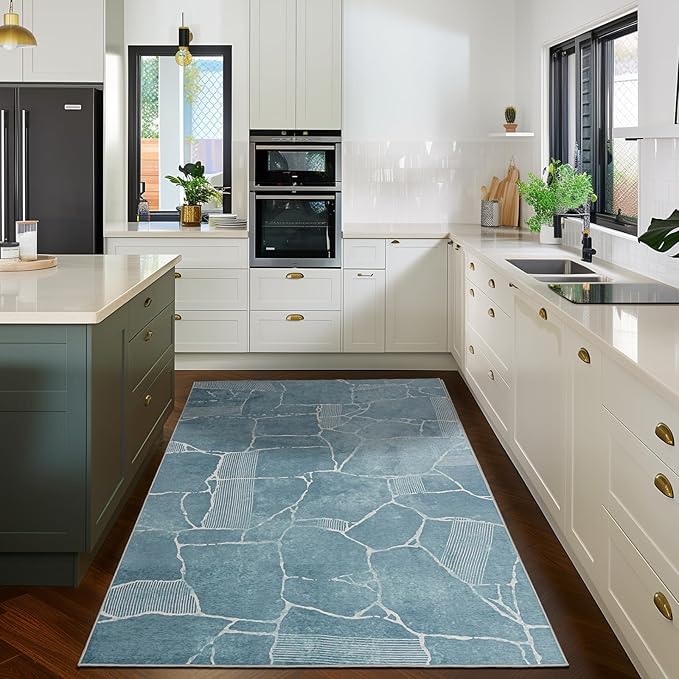 Area Rug 3x5 Machine Washable Rug Vintage Traditional Floor Cover Foldable Thin Retro Indoor Non Slip Carpet Floral Print Mat Bedroom Living Room Dining Room Office,Stone Crevice Blue