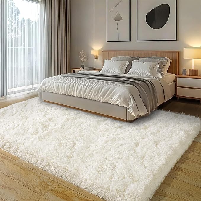 Cream White Plush Rug for Living Room Fuzzy Carpet for Bedroom Dorm, Non-Slip High Pile Rug, Shag Rug for Playroom Nursery Home Office Decor 5X7 Ft