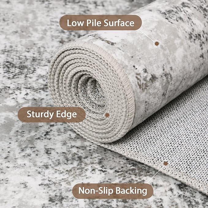 GENIMO Washable Area Rugs for Living Room, 9x12 Modern Non Slip Rugs, Low Pile Lightweight Soft Print Rug for Bedroom, Dining Room, Home Office, Grey