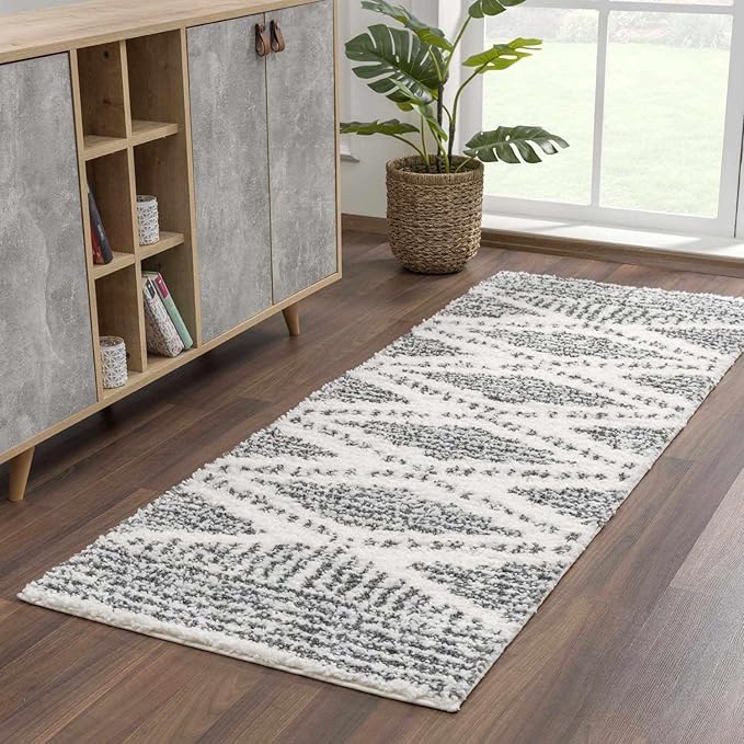Hauteloom Trunding Moroccan Farmhouse Kitchen Hallway Entryway Shaggy Runner Rug - Bohemian Shag Rug - Plush High Pile - Southwestern Boho Soft Carpet - Black, Cream, Grey, Beige - 2'7" x 7'3"