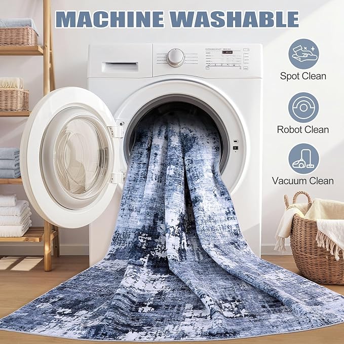 4ft Round Area Rug Living Room Rugs - 4x4 Washable Large Soft Indoor Neutral Modern Abstract Low Pile Rug Carpet for Bedroom Dining Room Farmhouse Home Office - Navy Blue