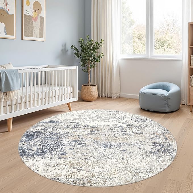 5ft Round Area Rug Living Room Rugs - 5x5 Washable Large Soft Indoor Neutral Modern Abstract Low Pile Rug Carpet for Bedroom Dining Room Farmhouse Home Office - Beige Blue