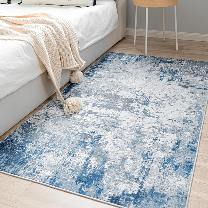 Area Rug 3x5 Machine Washable Rug Vintage Traditional Floor Cover Foldable Thin Retro Indoor Non Slip Carpet Floral Print Mat Bedroom Living Room Dining Room Office,Visus Blue