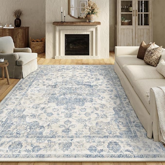 9x12 Neutral Area Rug Blue Floral Living Room Bedroom Large Carpet Low Pile Vintage Lightweight Vacuumable Non-Slip Soft Washable Throw Rug for Dining Room Office Indoor