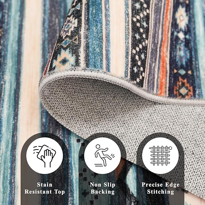 10x14 Rug for Living Room Washable, Large Striped Farmhouse Area Rugs for Bedroom Soft Ultra Thin Indoor Carpet Non Slip Stain Resistant Dining Room Rug Waterproof Southwest Style, 10x14 Blue/Multi