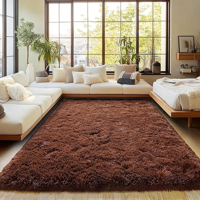 Brown Plush Rug for Living Room Fuzzy Carpet for Bedroom Dorm, Non-Slip High Pile Rug, Shag Rug for Playroom Nursery Home Office Decor 5X7 Ft