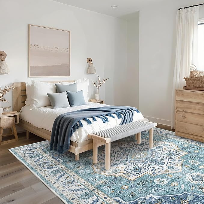 ANSSO 5x7 Area Rug for Living Room, Machine Washable Low Pile Rugs, Non-Slip Backing Vintage Carpet for Bedroom, Dining Room, Home Office Decor Turquoise Blue