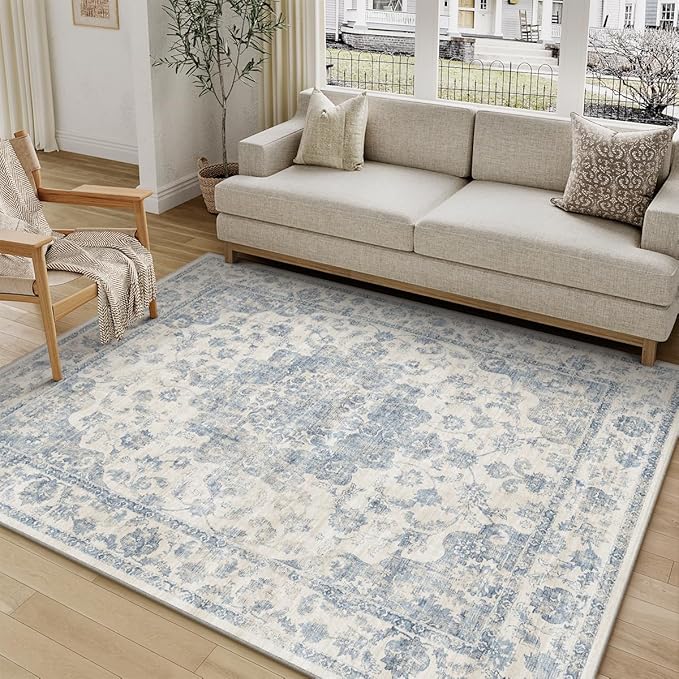 4x6 Washable Neutral Area Rug Blue Floral Living Room Bedroom Carpet Non-Slip Low Pile Vintage Lightweight Vacuumable Soft Throw Rug for Dining Room Entryway Office Kitchen
