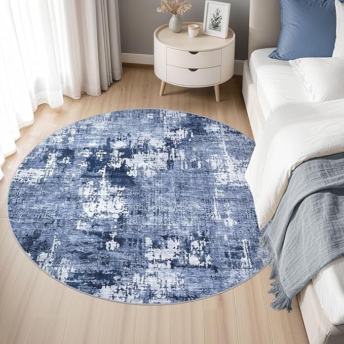 4ft Round Area Rug Living Room Rugs - 4x4 Washable Large Soft Indoor Neutral Modern Abstract Low Pile Rug Carpet for Bedroom Dining Room Farmhouse Home Office - Navy Blue
