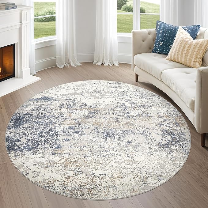 5ft Round Area Rug Living Room Rugs - 5x5 Washable Large Soft Indoor Neutral Modern Abstract Low Pile Rug Carpet for Bedroom Dining Room Farmhouse Home Office - Beige Blue