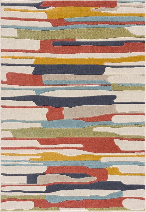 Hauteloom Aquino Modern Multicolor Area Rug for Living Room, Bedroom, Kids Room - Contemporary Colorful Rainbow Striped Carpet - Red, Yellow, Blue, Green - 6'7" x 9'