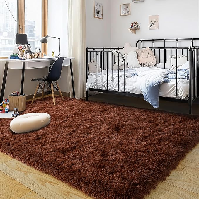 Brown Plush Rug for Living Room Fuzzy Carpet for Bedroom Dorm, Non-Slip High Pile Rug, Shag Rug for Playroom Nursery Home Office Decor 6X9 Ft