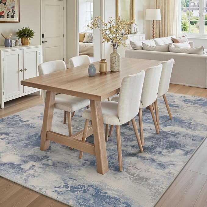 8x10 Washable Area Rugs for Living Room Rug-Carpet Modern Abstract Rugs for Bedroom Dining Room Office Contemporary Grey Blue Rug