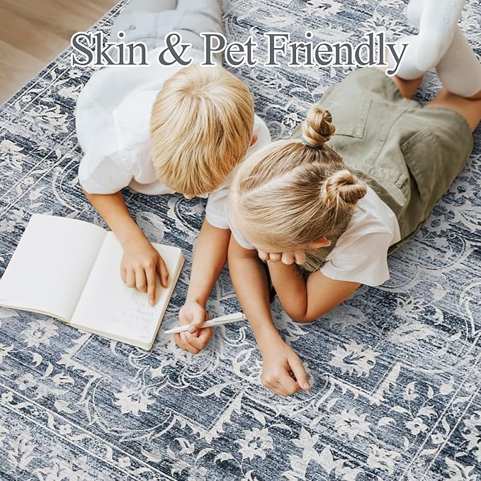 6x9 Area Rugs for Living Room, Stain Resistant Washable Rugs for Dining Room, Floral Vintage Non-Slip Thin Area Rug(Blue, 6'x9')