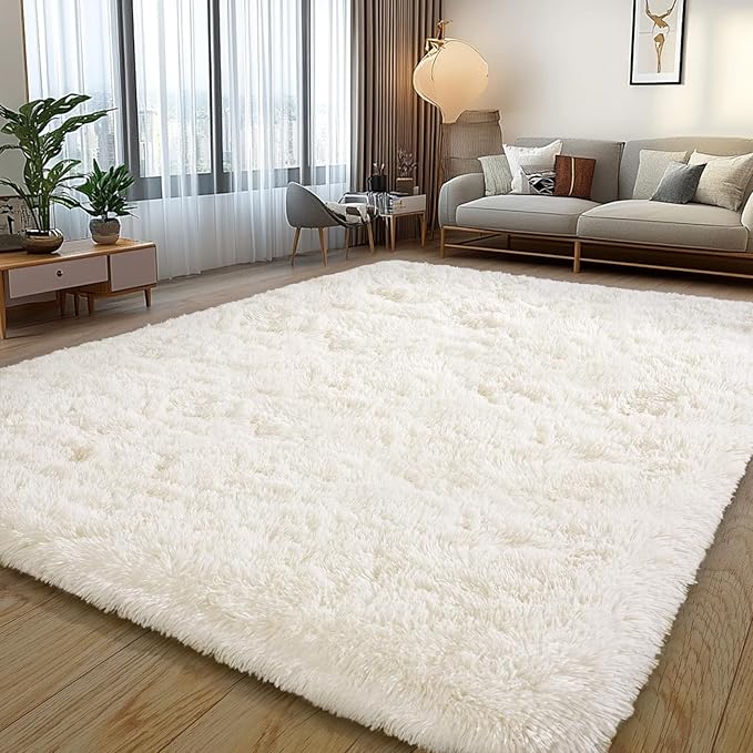 Cream White Plush Rug for Living Room Fuzzy Carpet for Bedroom Dorm, Non-Slip High Pile Rug, Shag Rug for Playroom Nursery Home Office Decor 5X7 Ft