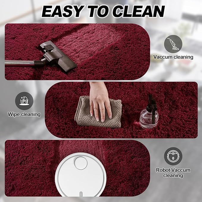 Burgundy Plush Rug for Living Room Fuzzy Carpet for Bedroom Dorm, Non-Slip High Pile Rug, Shag Rug for Playroom Nursery Home Office Decor 5X7 Ft