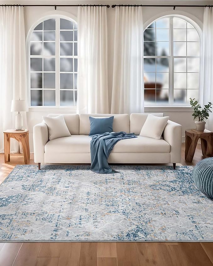 Area Rug 8x10 Machine Washable Rug Vintage Traditional Floor Cover Foldable Thin Retro Indoor Non Slip Carpet Floral Print Mat Bedroom Living Room Dining Room Office,Hidden Pattern Blue