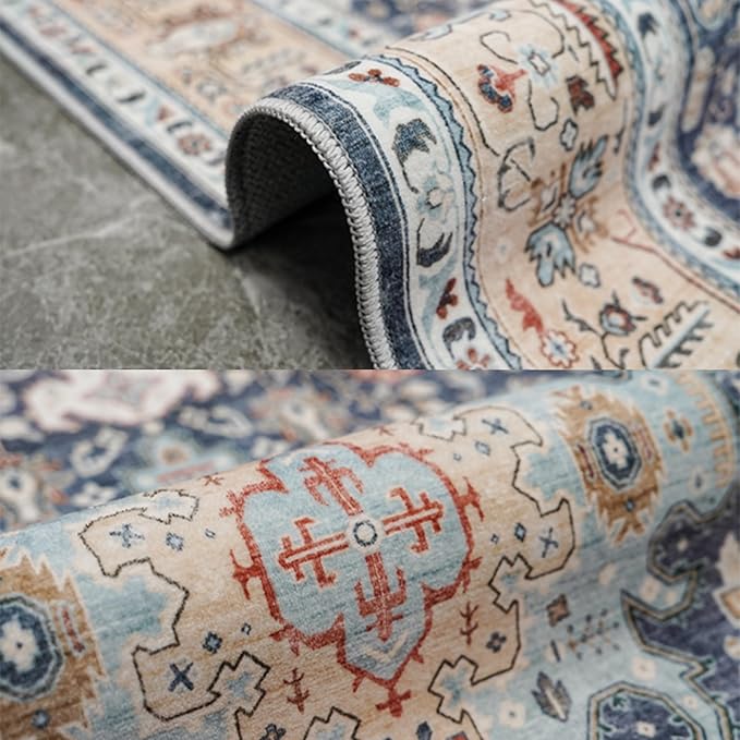 10x14 Area Rugs Living Room: Extra Large Washable Area Rug Super Soft Distressed Oriental Rugs with Non-Slip Backing Farmhouse Rug Low Pile Thin Stain Resistant Indoor Carpets 10'x14' Blue/Multi