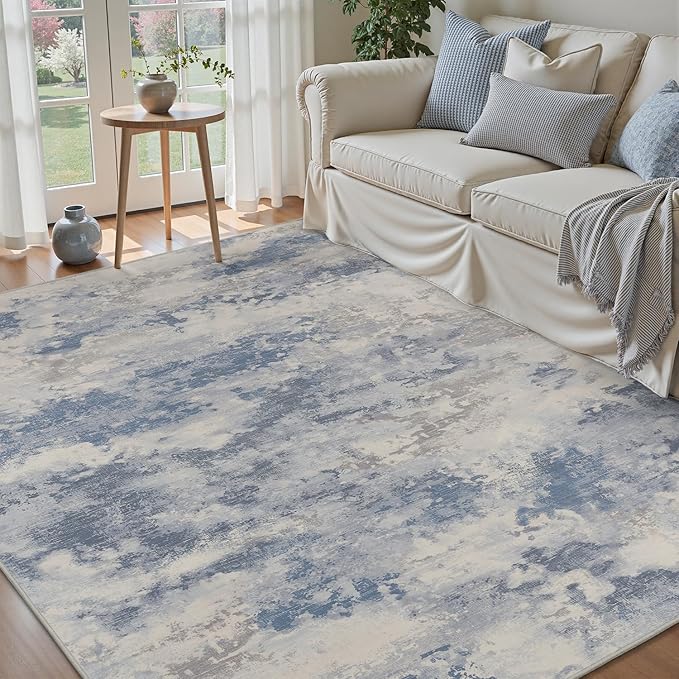 6x9 Washable Area Rugs for Living Room Rug-Carpet Modern Abstract Rugs for Bedroom Dining Room Office Contemporary Grey Blue Rug
