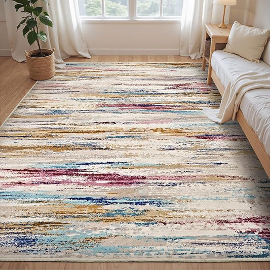 tchdio 6x9 Area Rugs for Living Room, Colorful Modern Abstract Area Rug, Washable Kids Rugs for Playroom, Non Slip Soft Nursery Rug, Stain Resistant Large Carpet for Bedroom, Multi Color