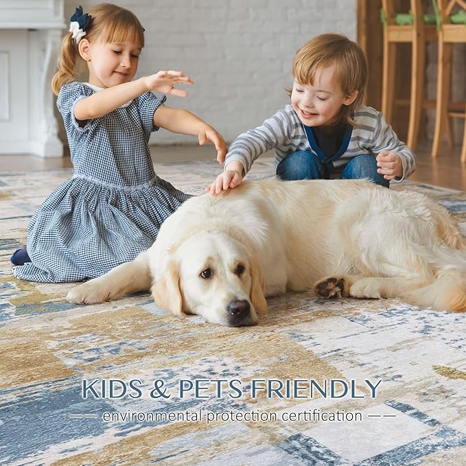 Abstract Living Room Rug 10x14 - Modern Washable Soft Thin Area Rug for Living Room Bedroom Under Dining Table - Neutral Indoor Floor Rug Carpets for Home Office Playroom Nursery - Blue Gold