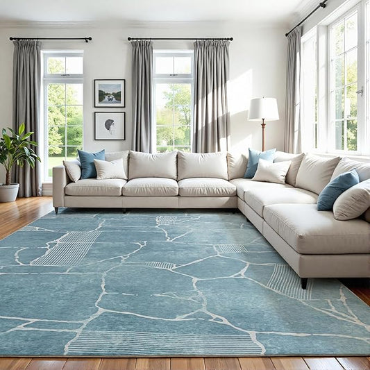 Area Rug 9x12 Machine Washable Rug Vintage Traditional Floor Cover Foldable Thin Retro Indoor Non Slip Carpet Floral Print Mat Bedroom Living Room Dining Room Office,Stone Crevice Blue