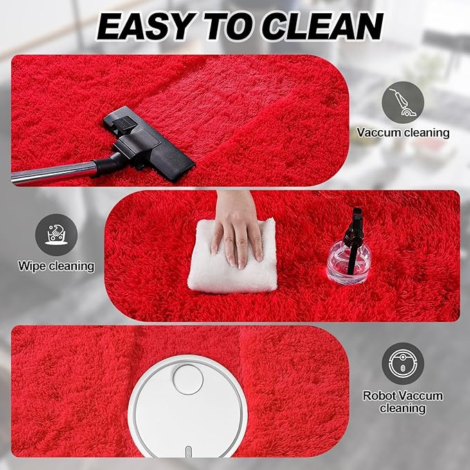 Red Fluffy Rug Plush Carpet for Bedroom Dorm, Non-Slip High Pile Rug, Shag Rug for Playroom Nursery Home Office Decor 9X12 Ft