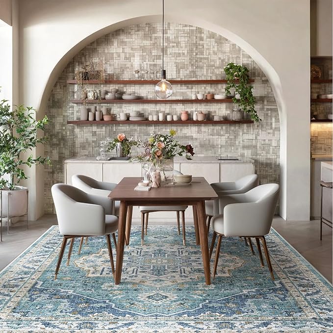 ANSSO 5x7 Area Rug for Living Room, Machine Washable Low Pile Rugs, Non-Slip Backing Vintage Carpet for Bedroom, Dining Room, Home Office Decor Turquoise Blue