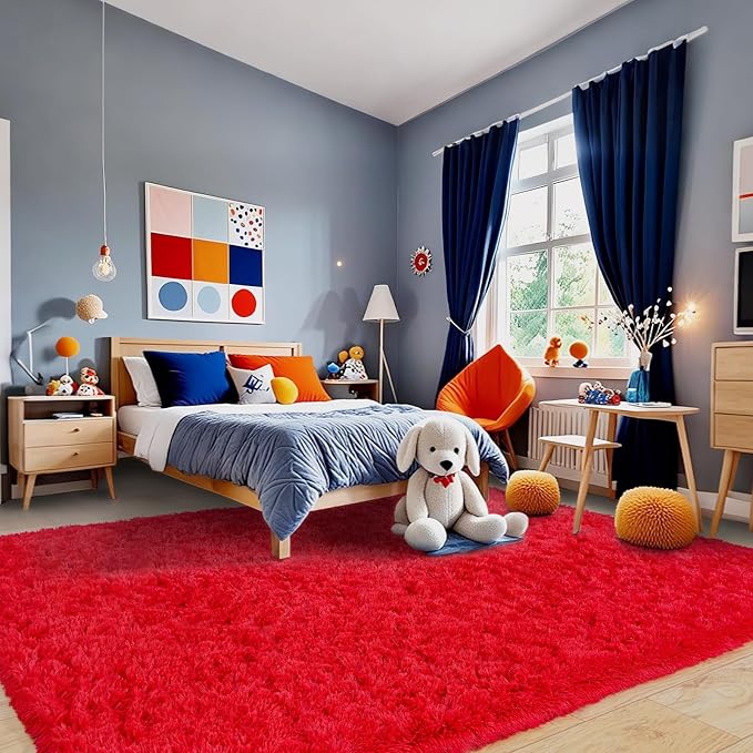 8x10 Rug for Living Room, Fuzzy Plush Large Area Rug, Fluffy Modern Shag Non Slip Soft Furry Carpet for Bedroom Kids Room Nursery Teens Dorm Home Decor, Red