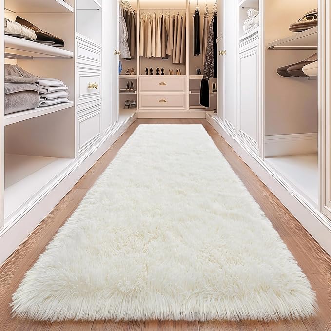 Cream White Runner Rug for Hallway, Bedroom Bedside Plush Rugs, Non Slip Fluffy Shaggy Carpet for Kids Home Decor, Dorm Nursery 2x6 Ft