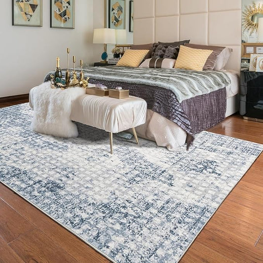 Area Rug 5x7 Machine Washable Rug Vintage Traditional Floor Cover Foldable Thin Retro Indoor Non Slip Carpet Floral Print Mat Bedroom Living Room Dining Room Office,Square Blue