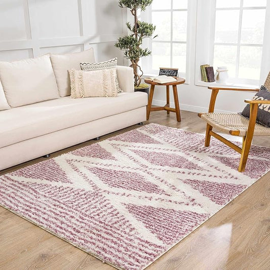 Hauteloom Trunding Moroccan Farmhouse Living Room, Bedroom Shaggy Area Rug - Bohemian Shag - Plush Pile - Southwestern Boho Soft Carpet - Pink, Cream, Ivory - 7'10" x 10'3"