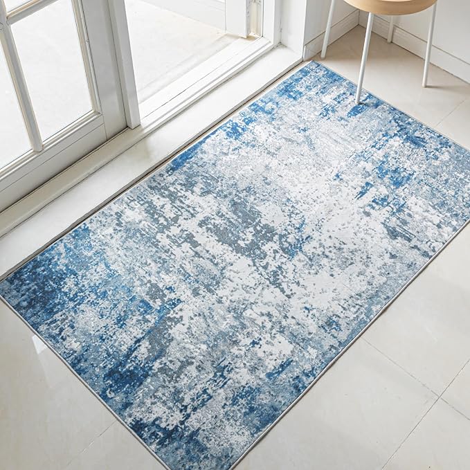 Area Rug 3x5 Machine Washable Rug Vintage Traditional Floor Cover Foldable Thin Retro Indoor Non Slip Carpet Floral Print Mat Bedroom Living Room Dining Room Office,Visus Blue