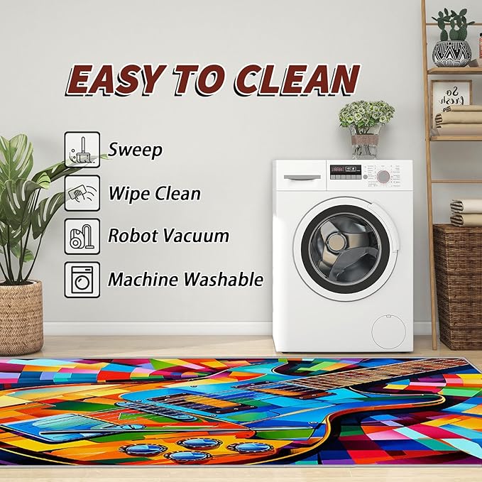 Guitar Rugs for Music Room - Guitar Rug, 8x10 Rug, Abstract Colorful Musical Area Rug, Multicolor Carpet, Washable & Non Slip & Soft Large Rugs, Guitar Home Decor Gifts