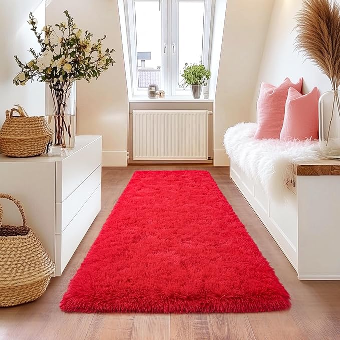 Red Runner Rug for Hallway, Bedroom Bedside Plush Rugs, Non Slip Fluffy Shaggy Carpet for Kids Home Decor, Dorm Nursery 2x6 Ft