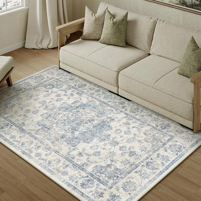 4x5 Washable Neutral Area Rug Blue Floral Living Room Bedroom Carpet Non-Slip Low Pile Vintage Lightweight Vacuumable Soft Throw Rug for Dining Room Entryway Office Kitchen