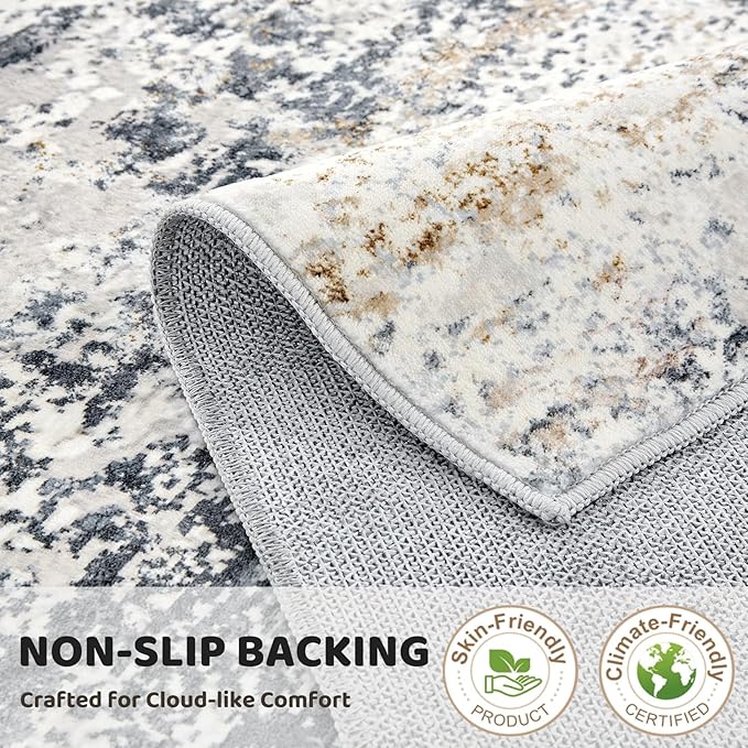 4ft Round Area Rug Living Room Rugs - 4x4 Washable Large Soft Indoor Neutral Modern Abstract Low Pile Rug Carpet for Bedroom Dining Room Farmhouse Home Office - Beige Blue