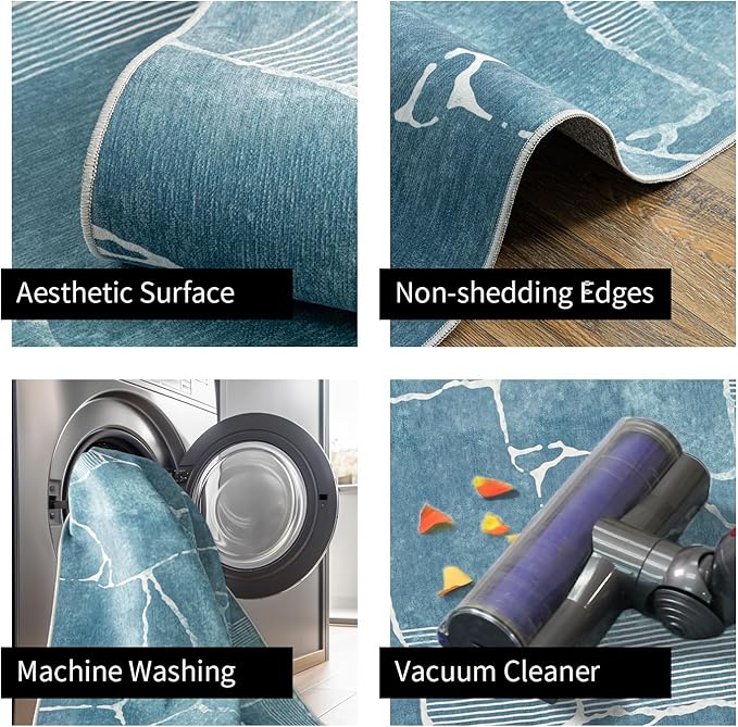 Area Rug 3x5 Machine Washable Rug Vintage Traditional Floor Cover Foldable Thin Retro Indoor Non Slip Carpet Floral Print Mat Bedroom Living Room Dining Room Office,Stone Crevice Blue