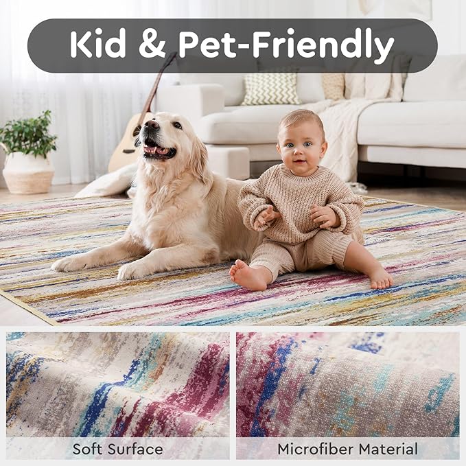 tchdio 8x10 Area Rugs for Living Room, Colorful Modern Abstract Area Rug, Washable Kids Rugs for Playroom, Non Slip Soft Nursery Rug, Stain Resistant Large Carpet for Bedroom, Multi Color
