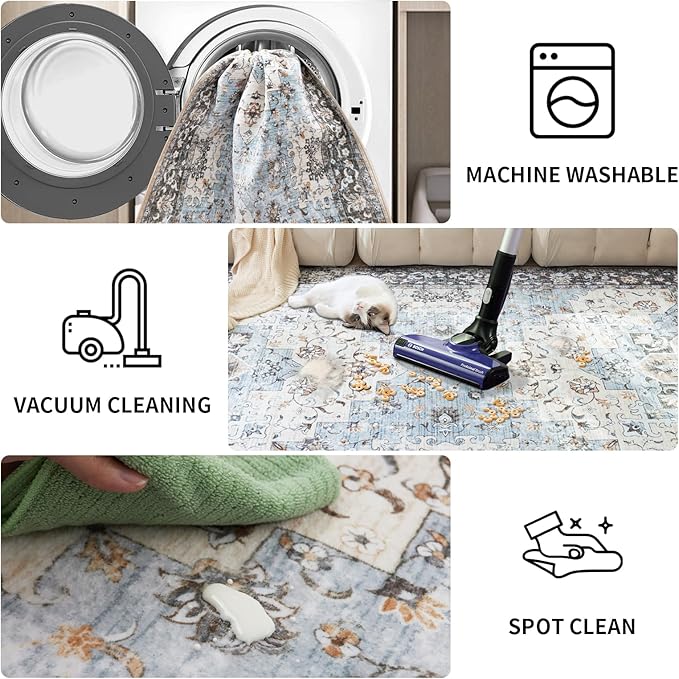 Area Rug 8x10 Machine Washable Rug Vintage Traditional Floor Cover Foldable Thin Retro Indoor Non Slip Carpet Floral Print Mat Bedroom Living Room Dining Room Office,Dahlia Blue