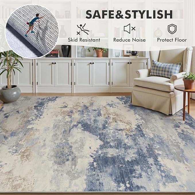 9x12 Large Area Rugs for Living Room Rug-Carpet Modern Abstract Rugs for Bedroom Dining Room Office Contemporary Blue Brown Rug