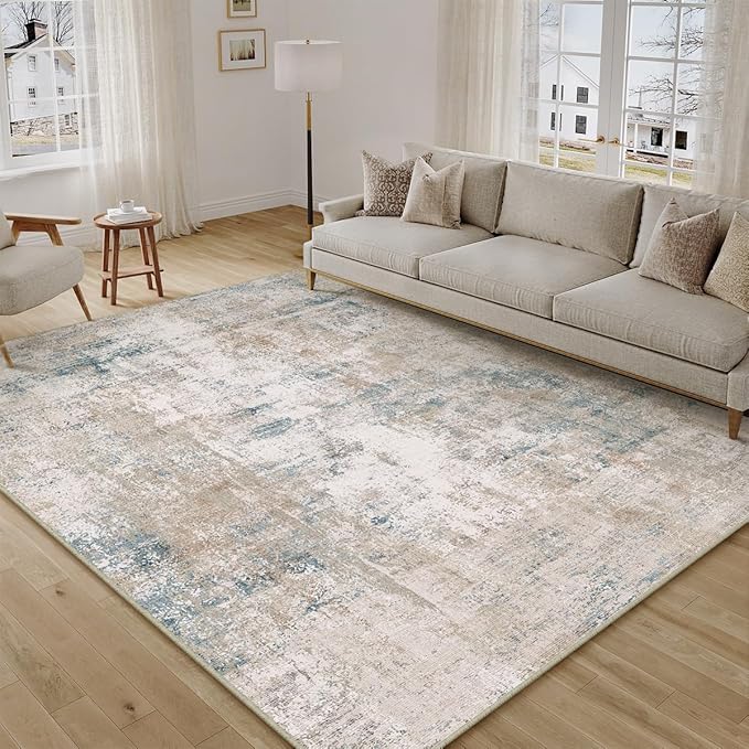 8x10 Washable Area Rug Beige Blue Neutral Abstract Living Room Bedroom Large Throw Rug Non Slip Soft Low Pile Indoor Floor Carpet for Dining Room Kitchen Office Entryway