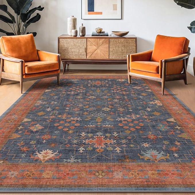 6x9 Dining Room Rugs for Under Table - Washable Area Rug for Living Room, Low Pile Non-Slip Rugs for Bedroom - Navy Blue & Terracotta Vintage Boho Eclectic Home Decor