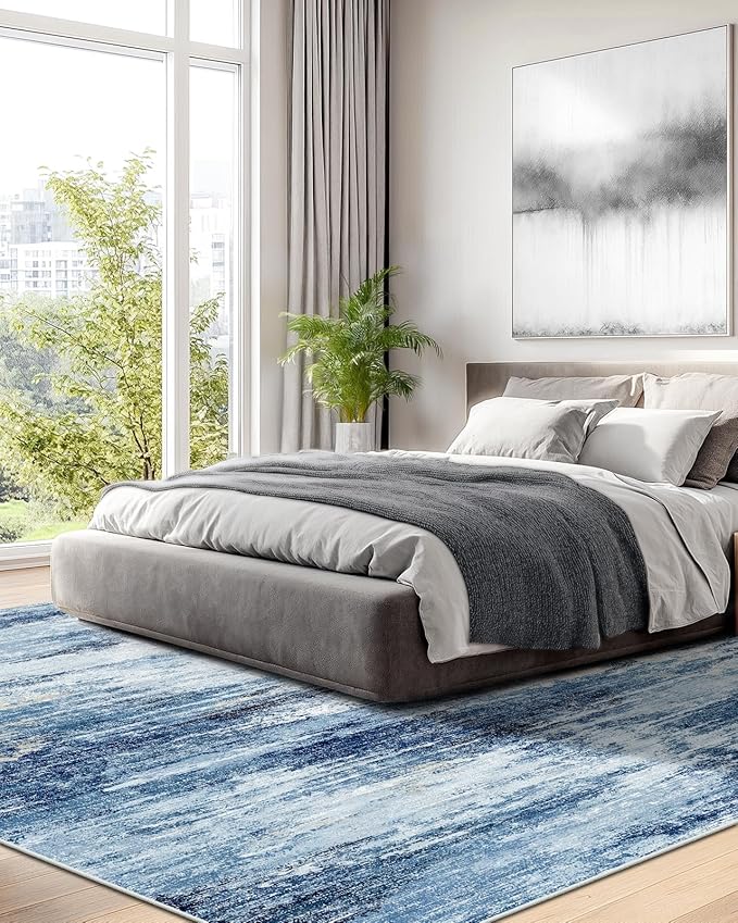 AMADA HOMEFURNISHING 9x12 Large Area Rug, Modern Abstract Living Room Rug with Non-Slip Backing & Short Pile, Washable Rug with Abstract Pattern for Living Room, Bedroom and Dinning Room, Blue