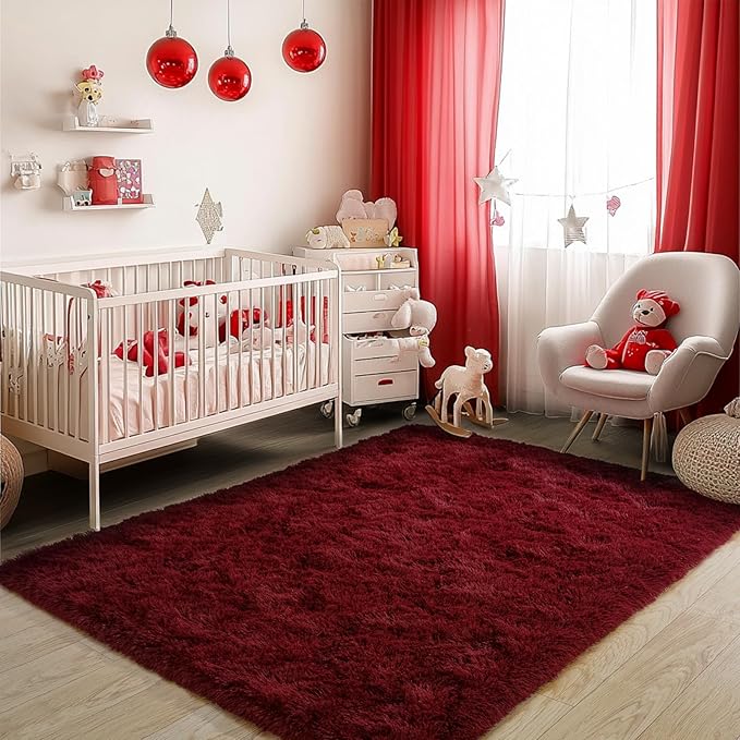 Burgundy Plush Rug for Living Room Fuzzy Carpet for Bedroom Dorm, Non-Slip High Pile Rug, Shag Rug for Playroom Nursery Home Office Decor 5X7 Ft