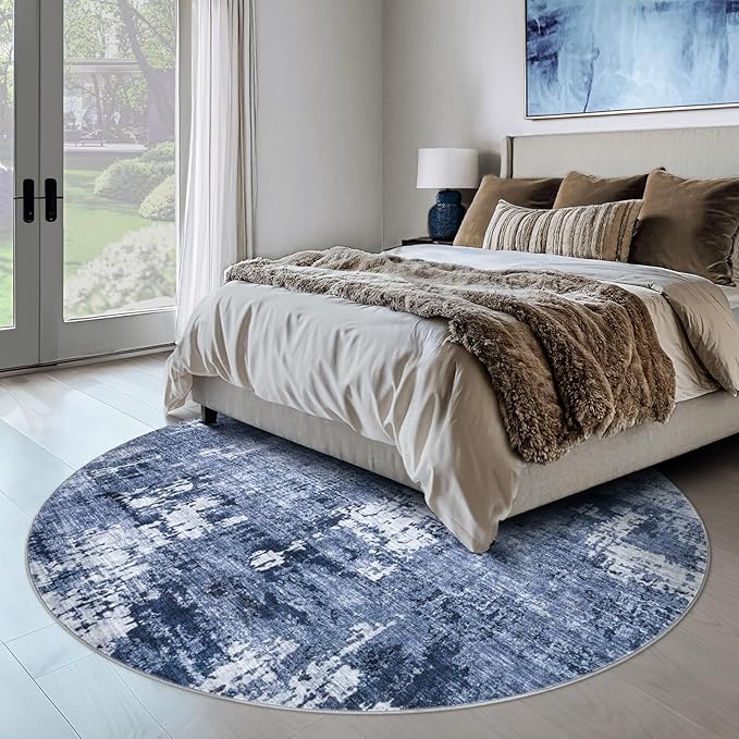 6ft Round Area Rug Living Room Rugs - 6x6 Washable Large Soft Indoor Neutral Modern Abstract Low Pile Rug Carpet for Bedroom Dining Room Farmhouse Home Office - Navy Blue