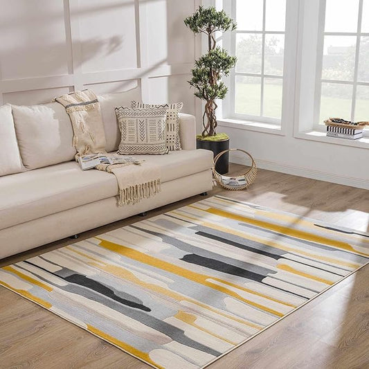 Hauteloom Means Modern Farmhouse Contemporary Door Mat Multicolor Small Area Rug - Colorful Rainbow Striped Modern Rug Carpet - Black, Gray, Yellow - 2' x 3'