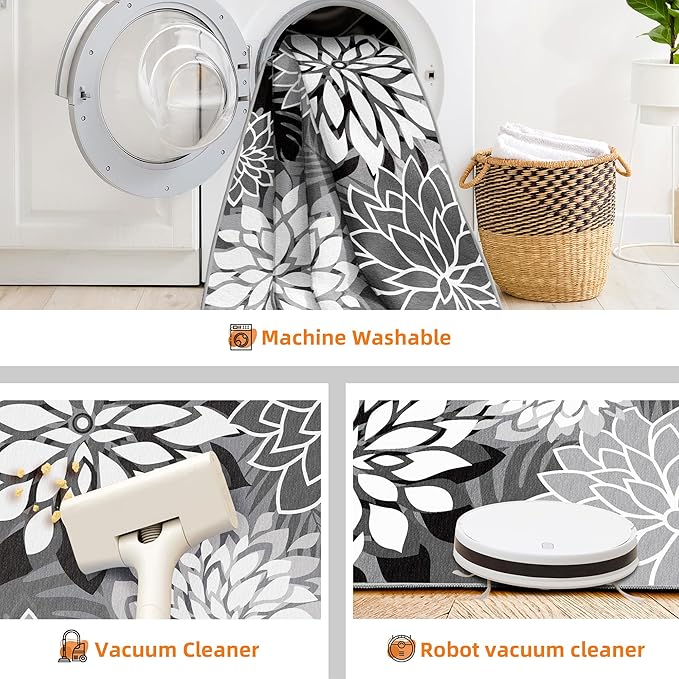 Indoor Outdoor Area Rug Washable Multicolored Rug Tropical Botanical Modern Floral Indoor Outdoor Carpet Black White Rug Non Slip Non Shedding for Patio, Deck, Backyard, Porch (8x10)